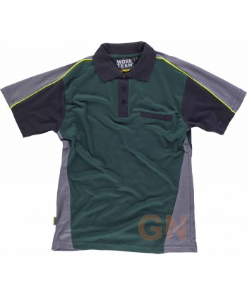 Polo tricolor con bolsillo y transpirable verde / gris / negro