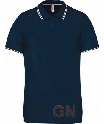 Polo azul marino de manga corta con el cuello y mangas combinados en blanco y gris