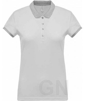 Polo de mujer, manga corta con el cuello y mangas combinados blanco/gris
