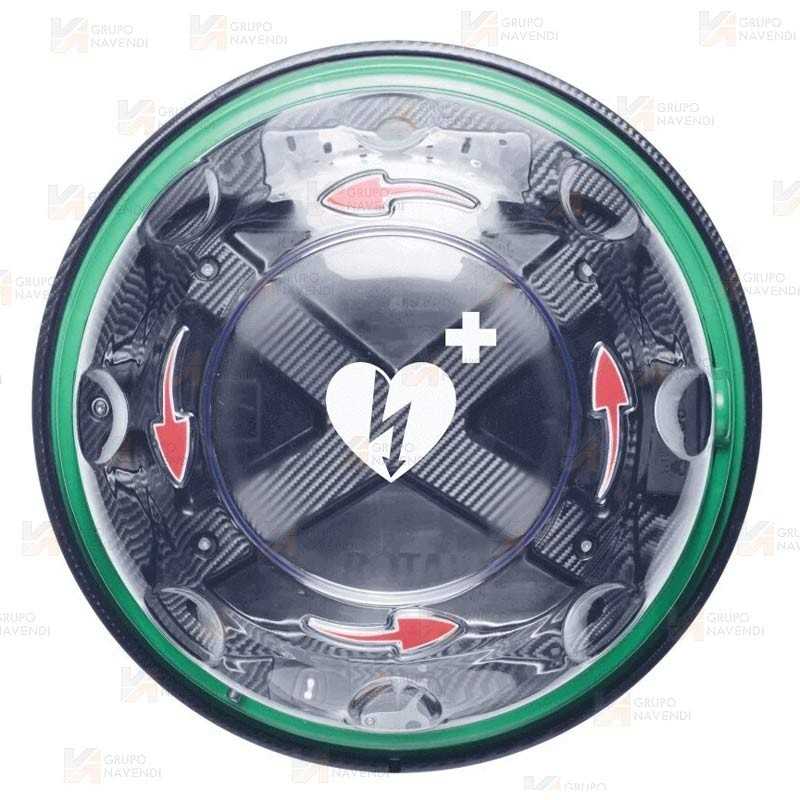 Vitrina Rotaid Solid Plus para desfibriladores con flechas rojas y alarma