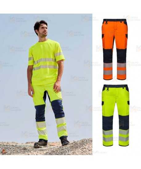 Pantalón alta visibilidad con refuerzos, multibolsillos, elástico stretch y con cintas segmentadas