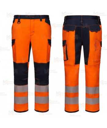 Pantalón alta visibilidad con refuerzos, multibolsillos, elástico stretch y con cintas segmentadas
