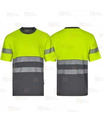 Camiseta bicolor de alta visibilidad, manga corta, con cintas segmentadas color amarillo flúor gris