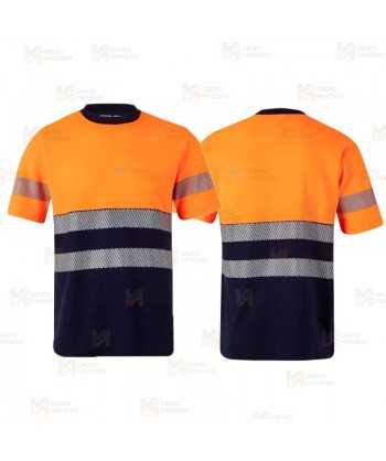 Camiseta bicolor de alta visibilidad, manga corta, con cintas segmentadas color naranja flúor
