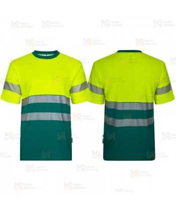 Camiseta bicolor de alta visibilidad, manga corta, con cintas segmentadas color amarillo flúor verde