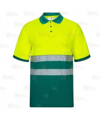 Polo bicolor de alta visibilidad, manga corta, con cintas segmentadas amarillo flúor/verde