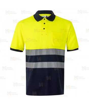 Polo bicolor de alta visibilidad, manga corta, con cintas segmentadas amarillo flúor/marino
