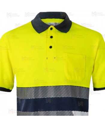 Polo bicolor de alta visibilidad, manga corta, con cintas segmentadas amarillo flúor/marino