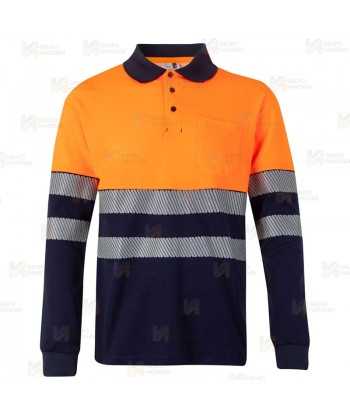 Polo bicolor de alta visibilidad, manga larga, con cintas segmentadas color naranja flúor/marino
