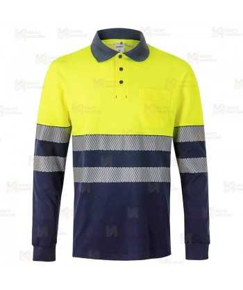 Polo bicolor de alta visibilidad, manga larga, con cintas segmentadas color amarillo flúor/negro
