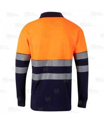 Polo bicolor de alta visibilidad, manga larga, con cintas segmentadas color naranja flúor/marino