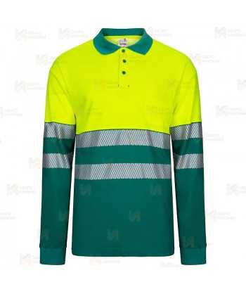 Polo bicolor de alta visibilidad, manga larga, con cintas segmentadas color amarillo flúor/verde