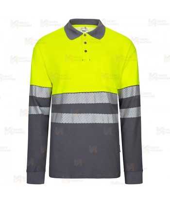 Polo bicolor de alta visibilidad, manga larga, con cintas segmentadas color amarillo flúor/gris