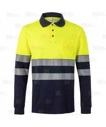Polo bicolor de alta visibilidad, manga larga, con cintas segmentadas color amarillo flúor/negro