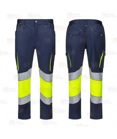Pantalón elástico bicolor de alta visibilidad con cintas segmentadas color marino/amarillo flúor