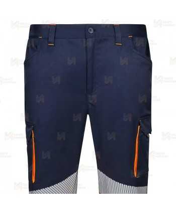 Pantalón elástico bicolor de alta visibilidad con cintas segmentadas color marino/naranja flúor