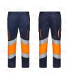 Pantalón elástico bicolor de alta visibilidad con cintas segmentadas color marino/naranja flúor