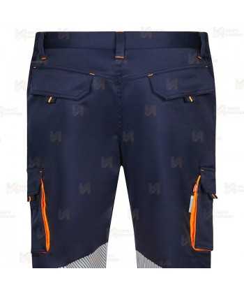 Pantalón elástico bicolor de alta visibilidad con cintas segmentadas color marino/naranja flúor