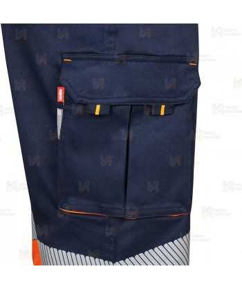 Pantalón elástico bicolor de alta visibilidad con cintas segmentadas color marino/naranja flúor