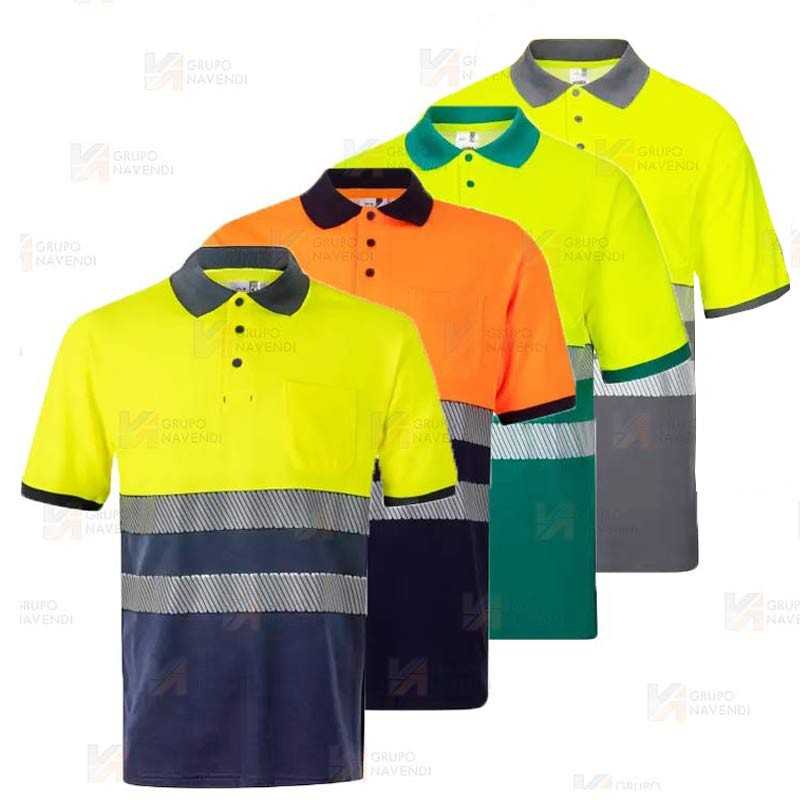 Polo bicolor de alta visibilidad, manga corta, con cintas segmentadas amarillo flúor/marino
