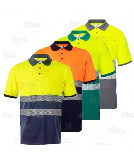 Polo bicolor de alta visibilidad, manga corta, con cintas segmentadas amarillo flúor/marino