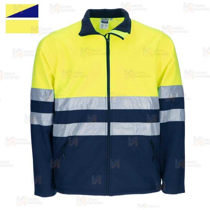 Chaqueta softshell económica alta visibilidad color amarillo flúor / Marino