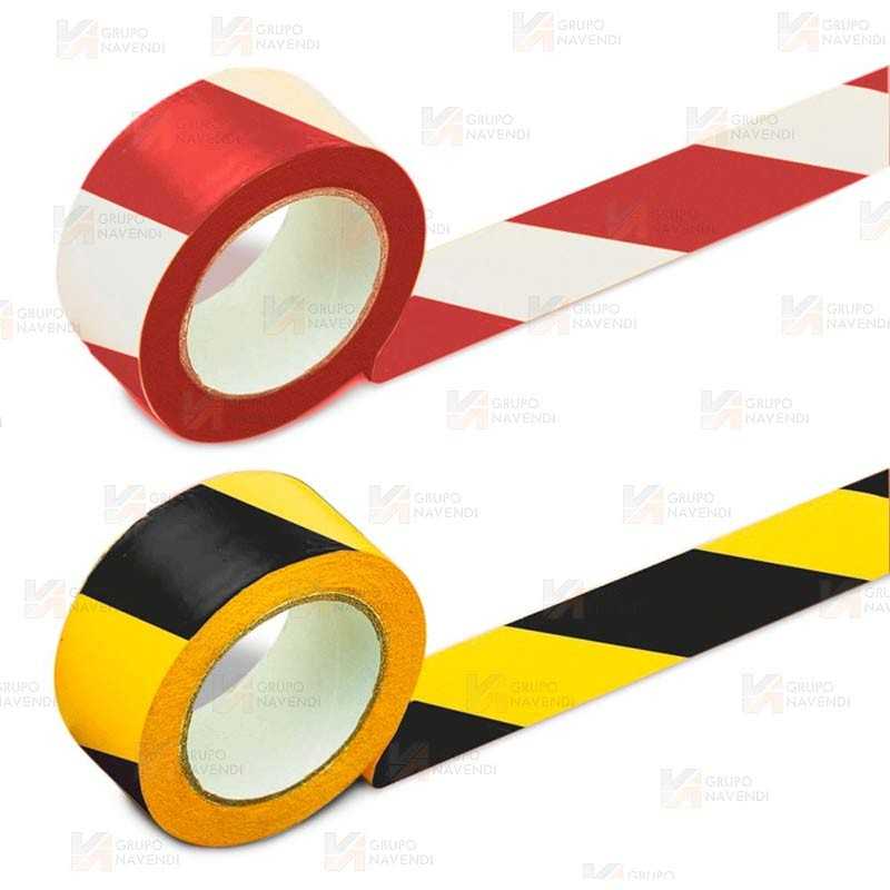 Cinta adhesiva con franjas de seguridad. (27,5m x 5 cm)