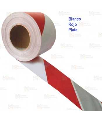Cinta de balización franjas Rojas/Blancas/Plata. Galga 200 (200m x 10 cm)