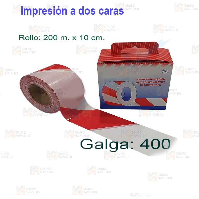 Cinta de balización franjas rojas/blancas en las dos caras. Galga 400 (200m x 10 cm)