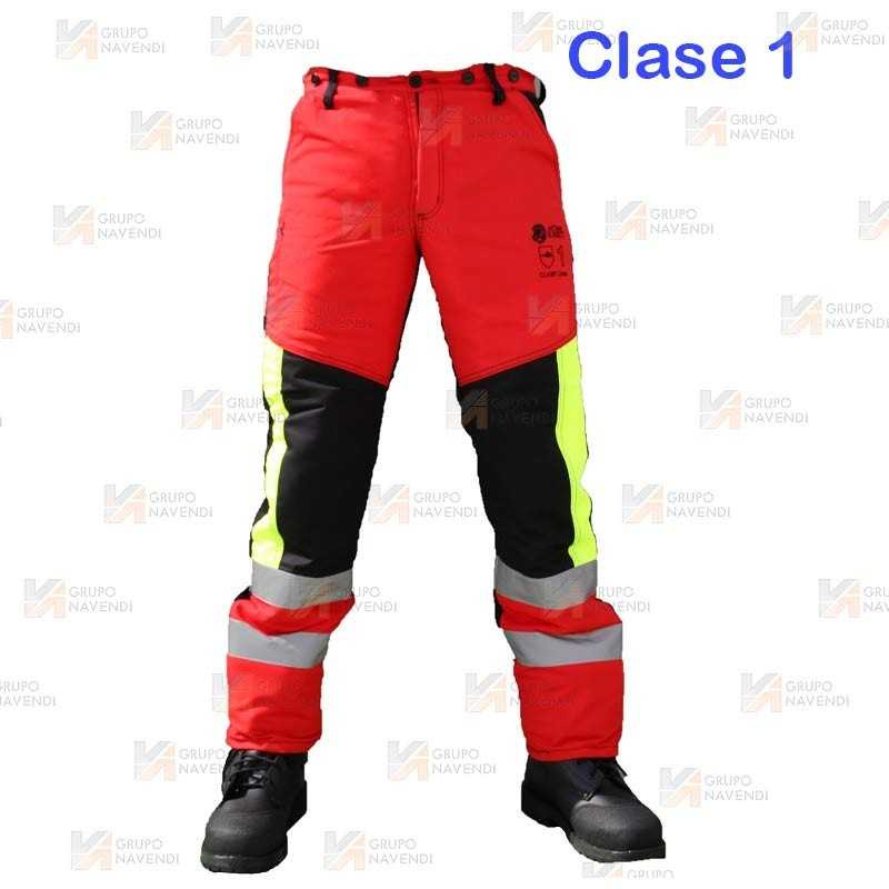Pantalones bicolor rojo flúor/negro para motosierra (Clase 1 Tipo A)