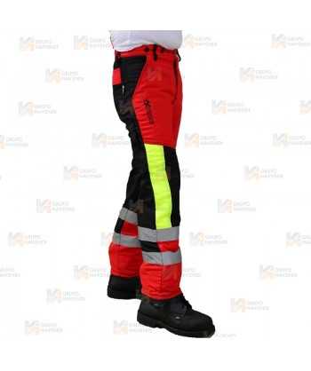 Pantalones bicolor rojo flúor/negro para motosierra (Clase 1 Tipo A)