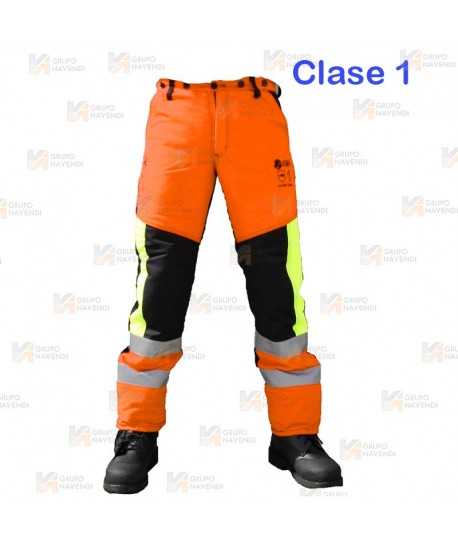 Pantalones bicolor naranja flúor/negro para motosierra (Clase 1 Tipo A)