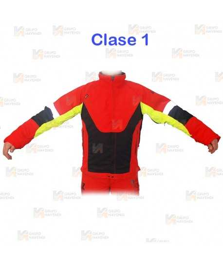 Chaqueta bicolor rojo flúor/negro para motosierra (Clase 1 Tipo A)