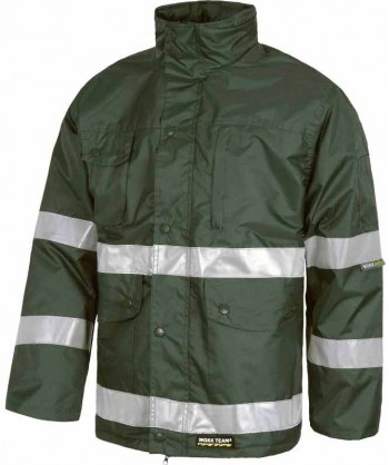 Parka acolchada e impermeable color verde oscuro con cintas reflectantes