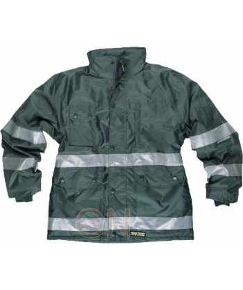 Parka acolchada e impermeable color verde oscuro con cintas reflectantes