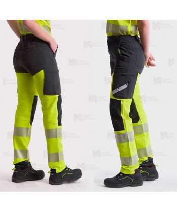 Pantalón unisex elástico, bicolor amarillo flúor/negro de alta visibilidad con cinta segmentada