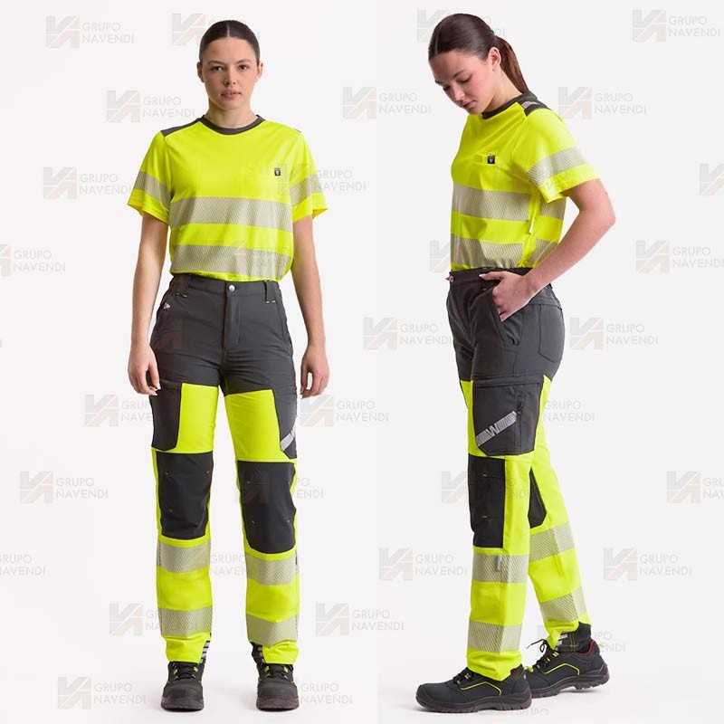 Pantalón unisex elástico, bicolor amarillo flúor/negro de alta visibilidad con cinta segmentada