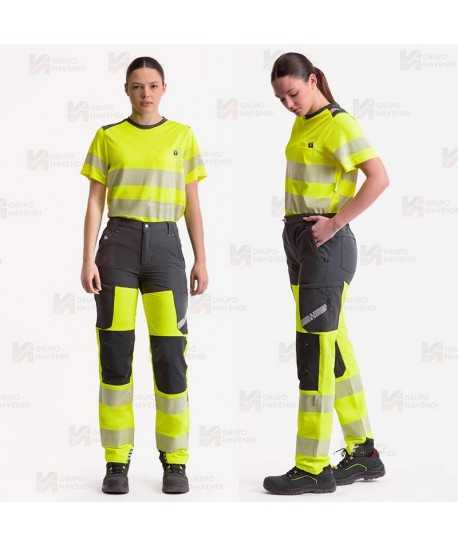 Pantalón unisex elástico, bicolor amarillo flúor/negro de alta visibilidad con cinta segmentada