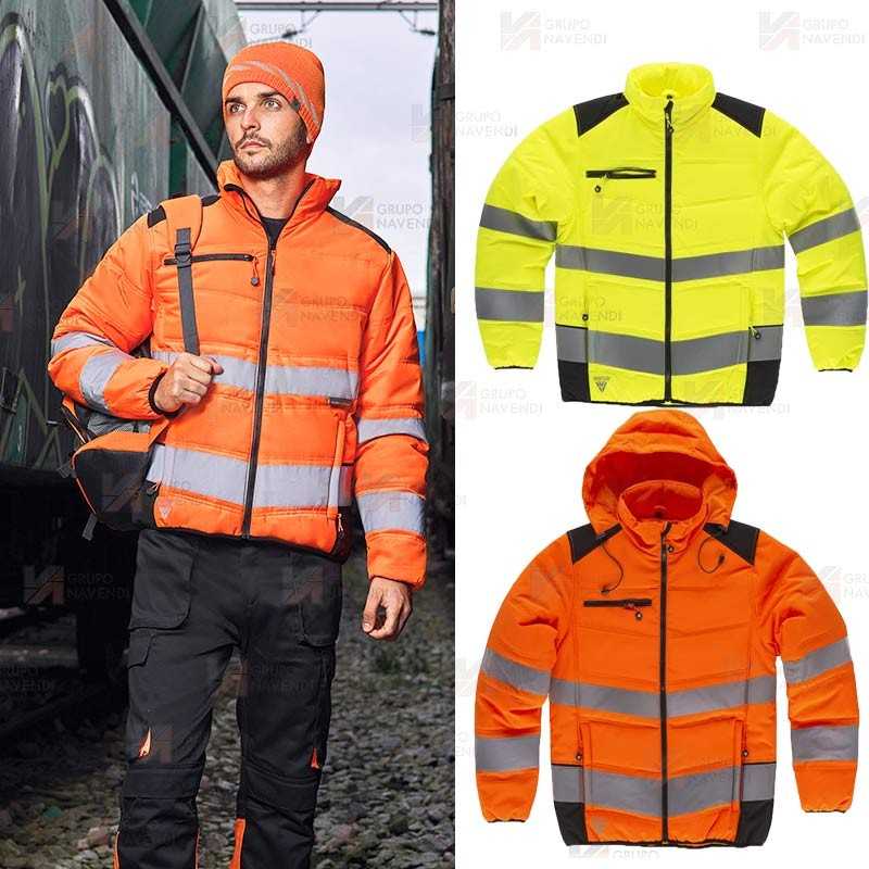 Parka corta acolchada con capucha de Alta Visibilidad color naranja flúor/negro