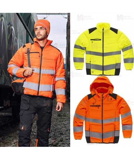 Parka corta acolchada con capucha de Alta Visibilidad color naranja flúor/negro