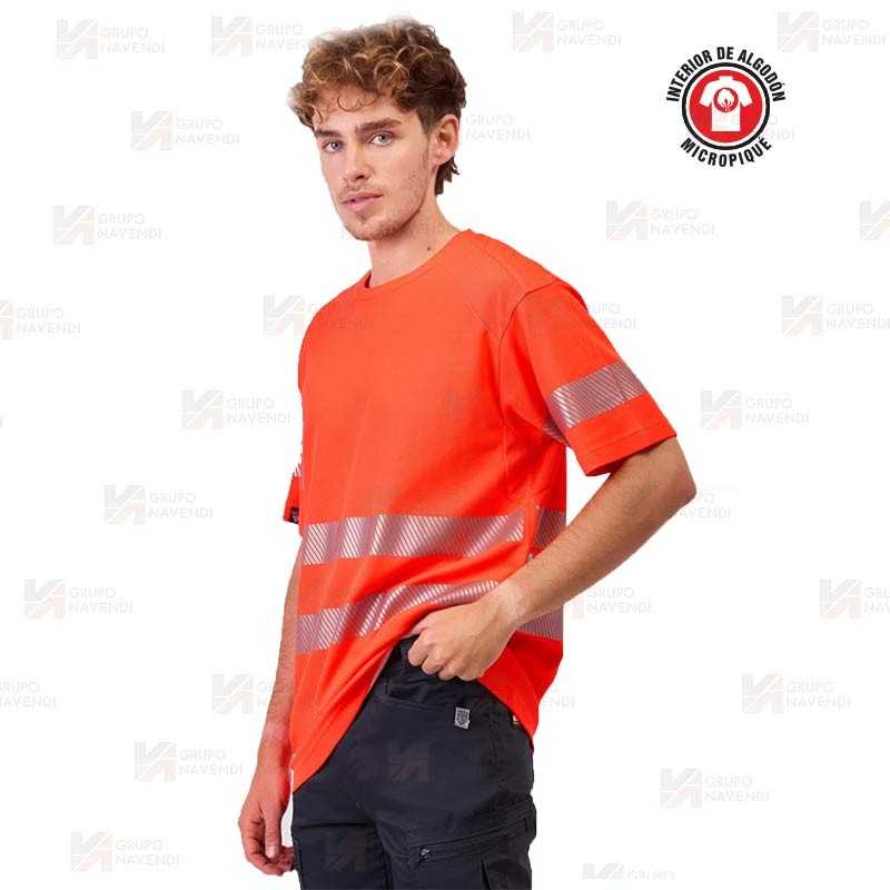 Camiseta alta visibilidad rojo flúor clase 2 de manga corta con cintas segmentadas