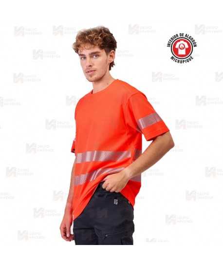 Camiseta alta visibilidad rojo flúor clase 2 de manga corta con cintas segmentadas