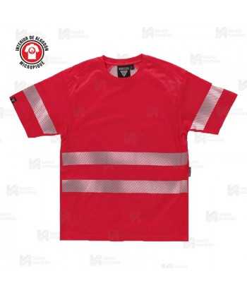 Camiseta alta visibilidad rojo flúor clase 2 de manga corta con cintas segmentadas
