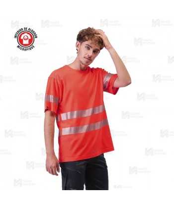 Camiseta alta visibilidad rojo flúor clase 2 de manga corta con cintas segmentadas