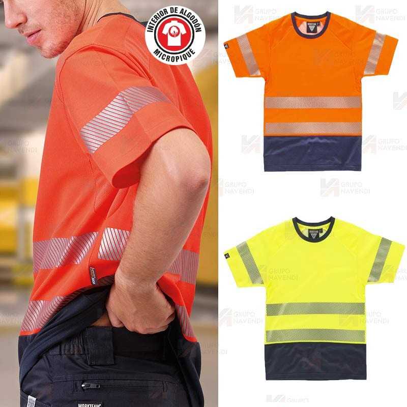 Camiseta bicolor de alta visibilidad naranja flúor/marino de manga corta y cintas segmentadas