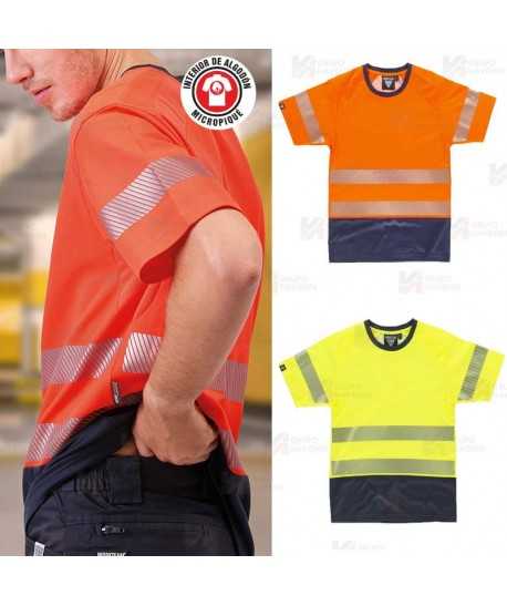 Camiseta bicolor de alta visibilidad naranja flúor/marino de manga corta y cintas segmentadas