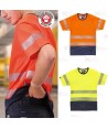 Camiseta bicolor de alta visibilidad naranja flúor/marino de manga corta y cintas segmentadas