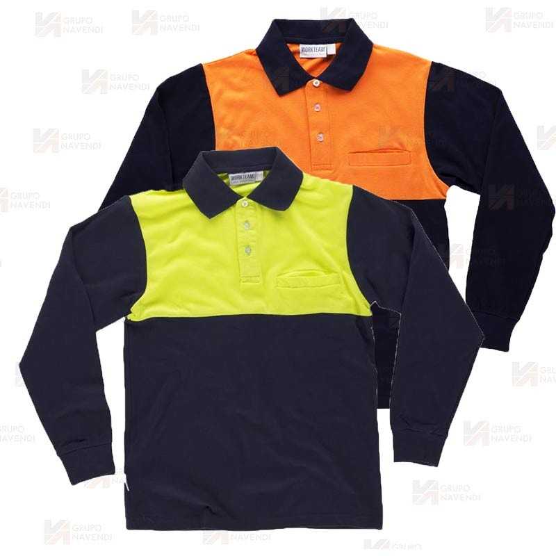 Polo económico bicolor de algodón de manga larga color marino/naranja flúor