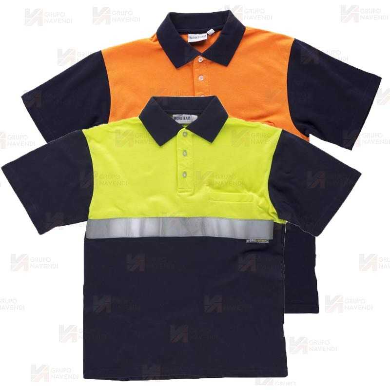 Polo de algodón bicolor, manga corta con cintas reflectantes