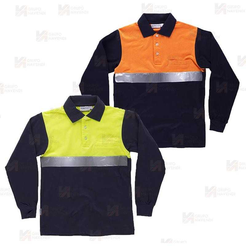 Polo de algodón bicolor, manga larga con cintas reflectantes
